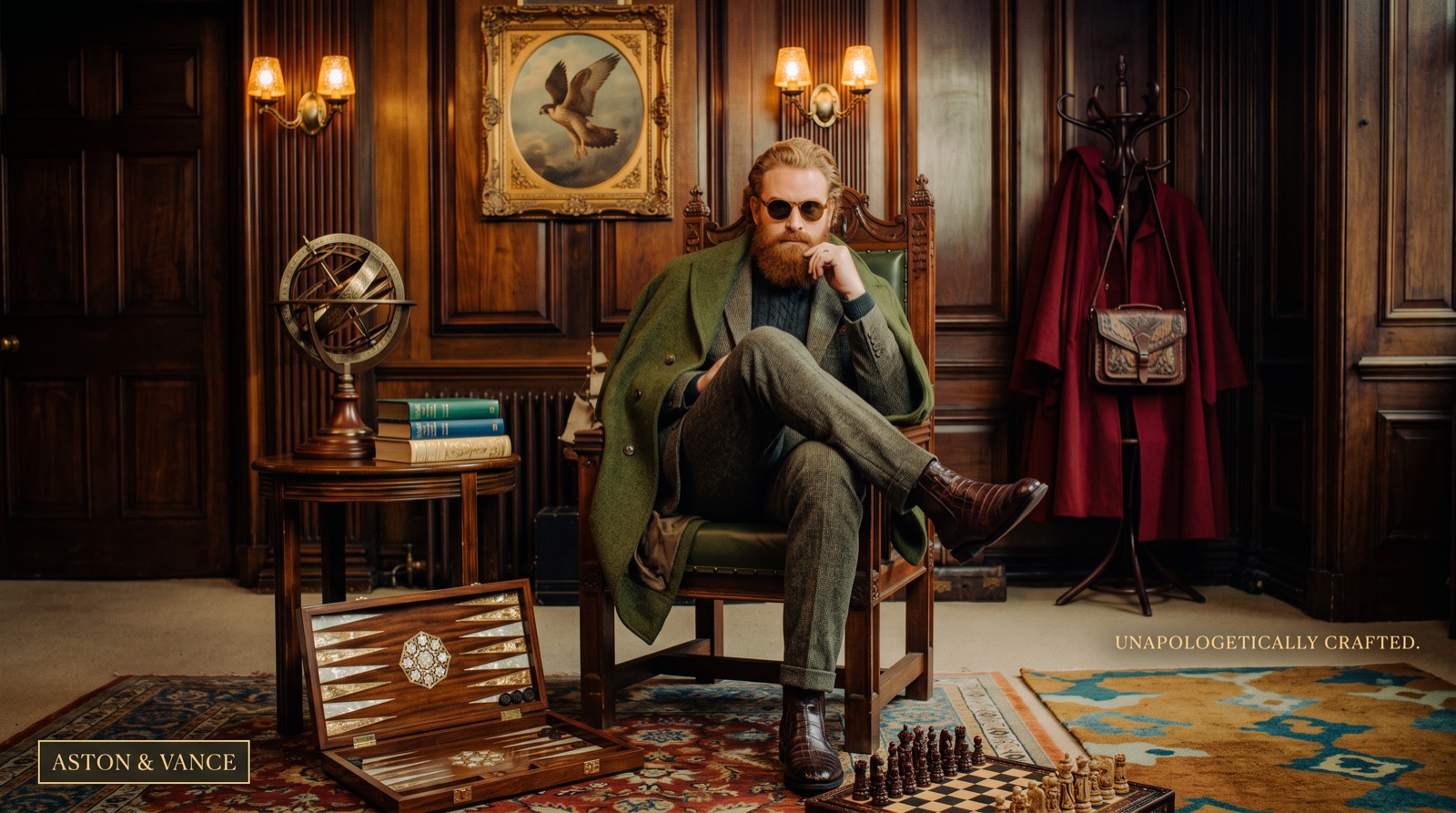 Aston & Vance ad: a red-bearded man in a green overcoat and tweed suit sits in a carved chair in a wood-panelled study, backgammon and chess at his feet. 'Unapologetically crafted.'