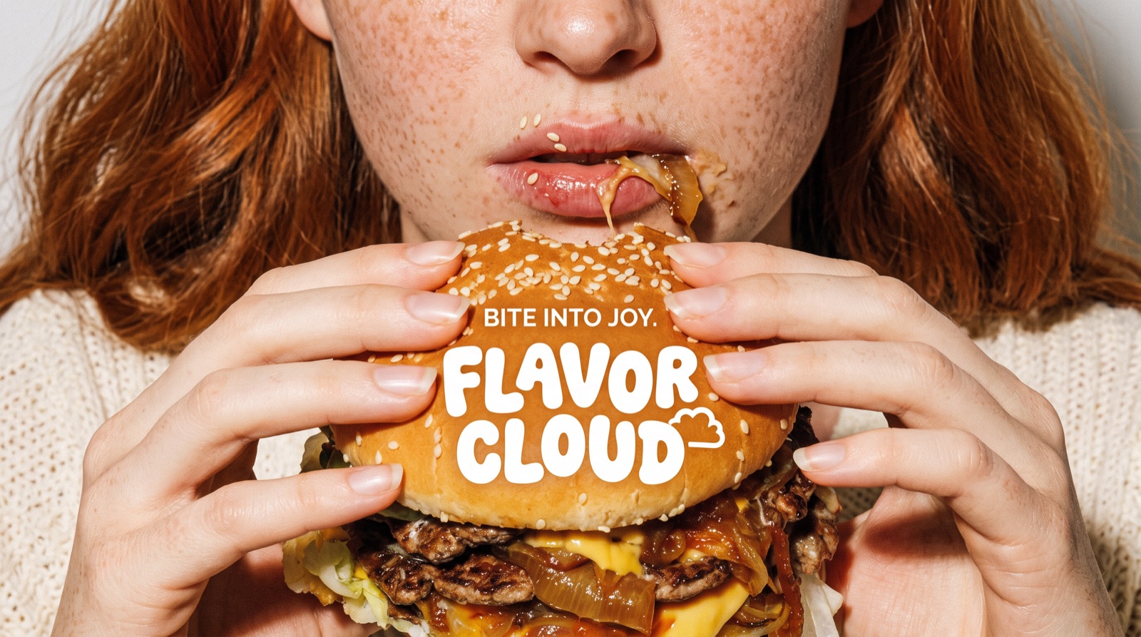 Flavor Cloud ad, square cut: a freckled woman bites into a dripping cheeseburger with the Flavor Cloud logo printed on the bun.