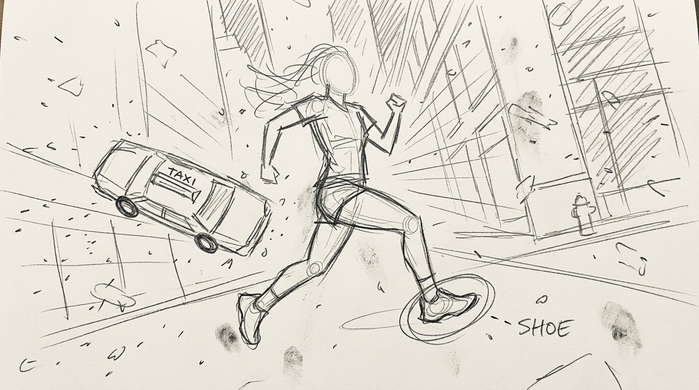 A rough pencil storyboard of the same shot: a gesture figure mid-stride, a taxi tumbling behind, flying glass as dashes, the shoe circled and labelled 'SHOE'.