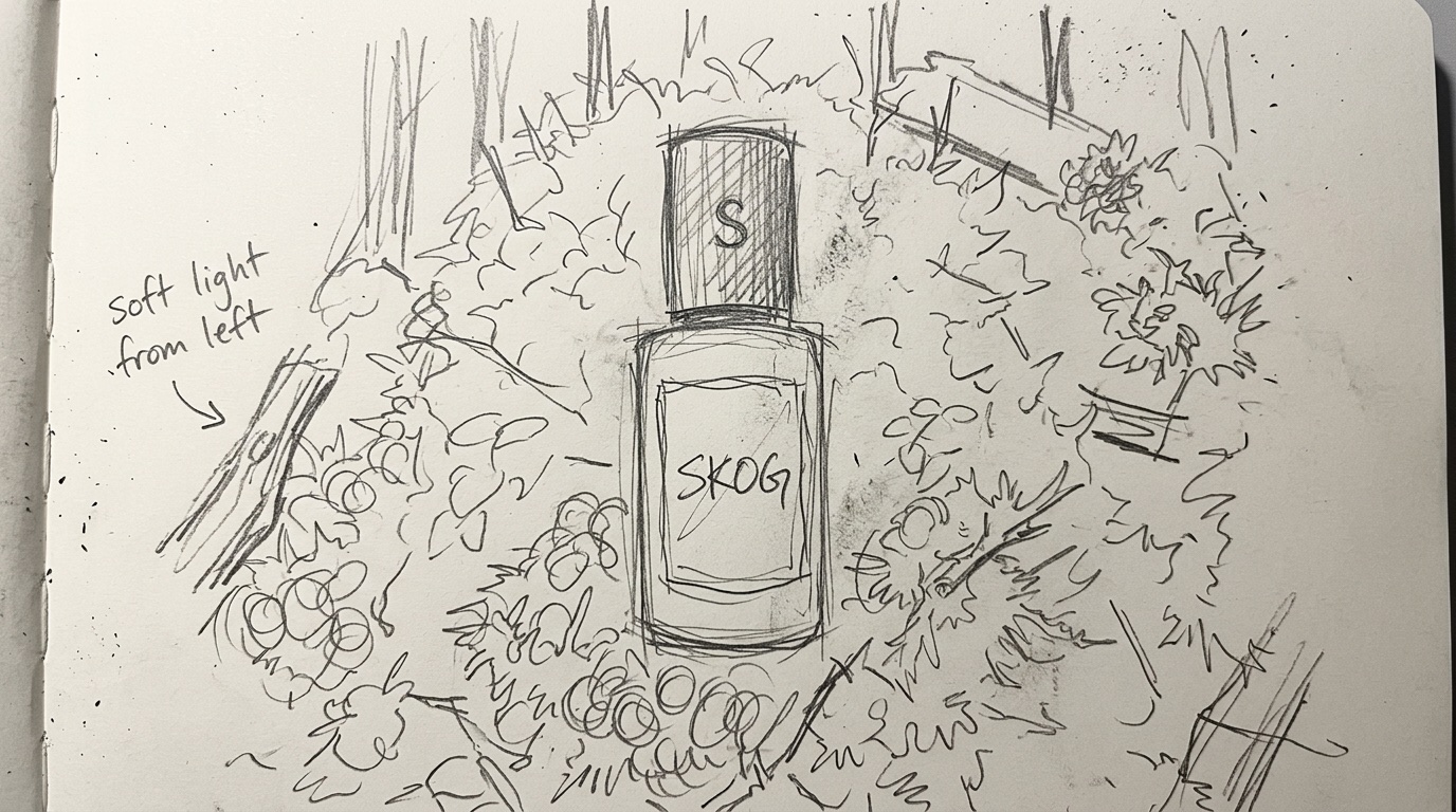 A rough pencil sketch of the same frame: the bottle outlined at the centre with 'SKOG' scrawled on the label, moss as scribbled loops, a note reading 'soft light from left'.