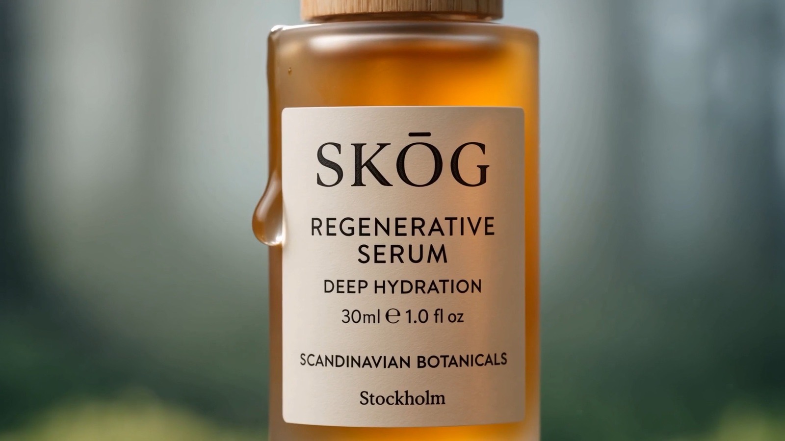 SKÖG film still: the label up close in forest light.