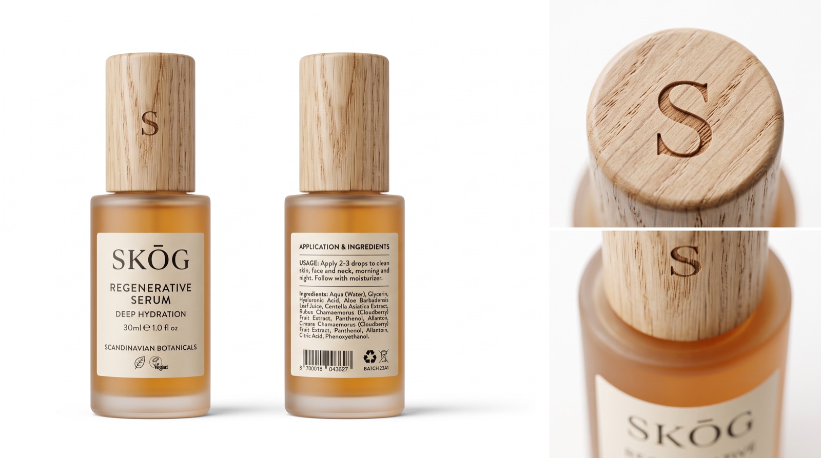 SKÖG product sheet: front and back of the bottle, the carved S on the oak cap, and the label detail.