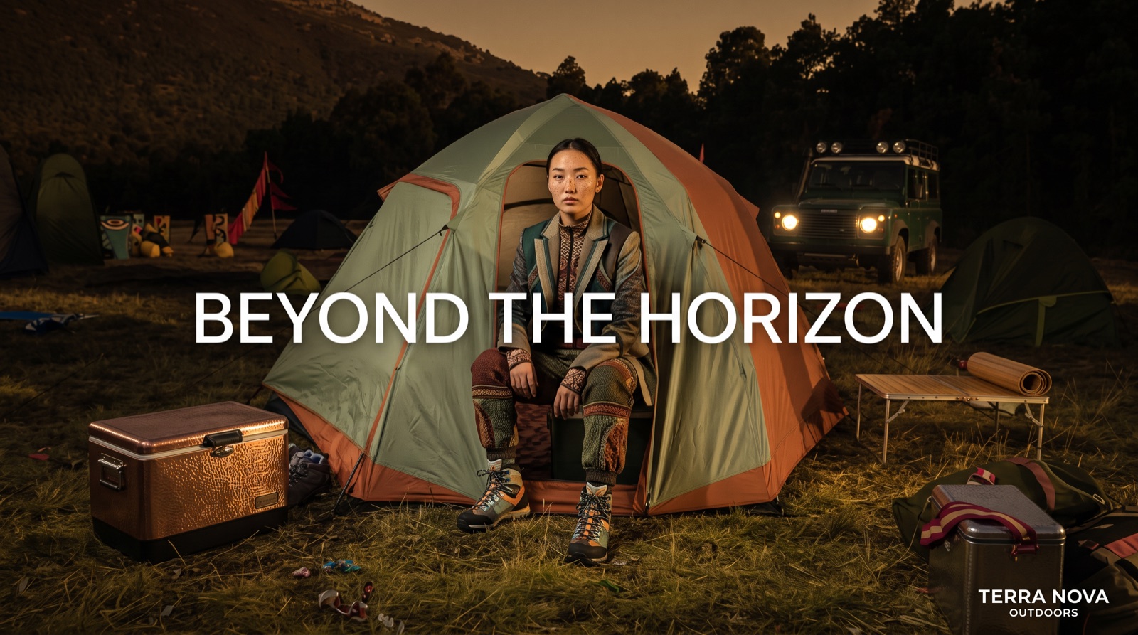 Terra Nova Outdoors ad: a woman sits in the mouth of a sage-and-rust tent at dusk, a copper cooler beside her and a 4x4's headlights behind. 'Beyond the horizon.'