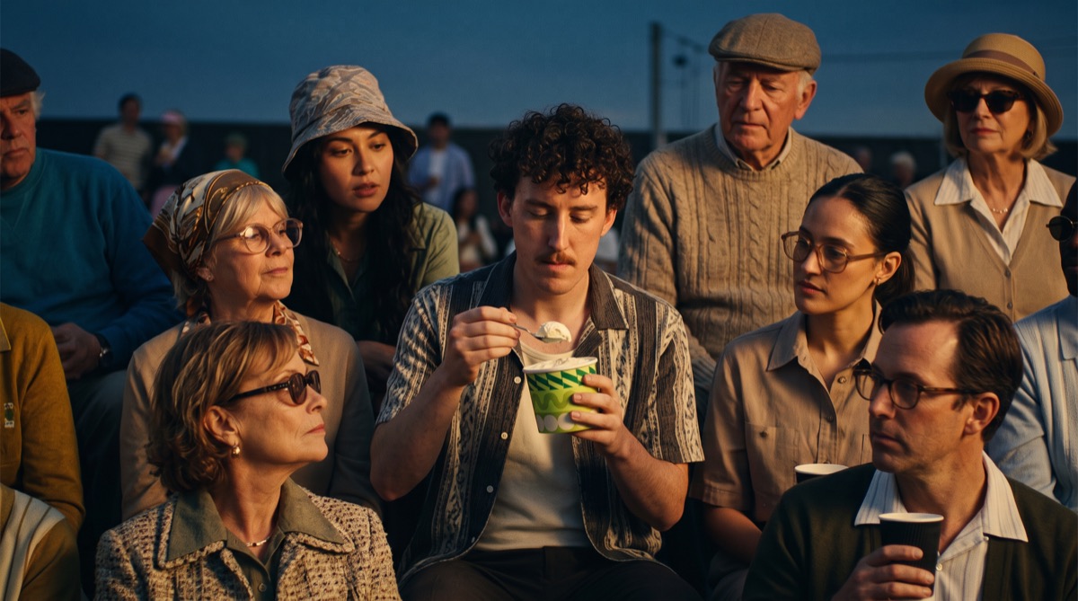 An early generation: a young man eats ice cream among older spectators in flat daylight.