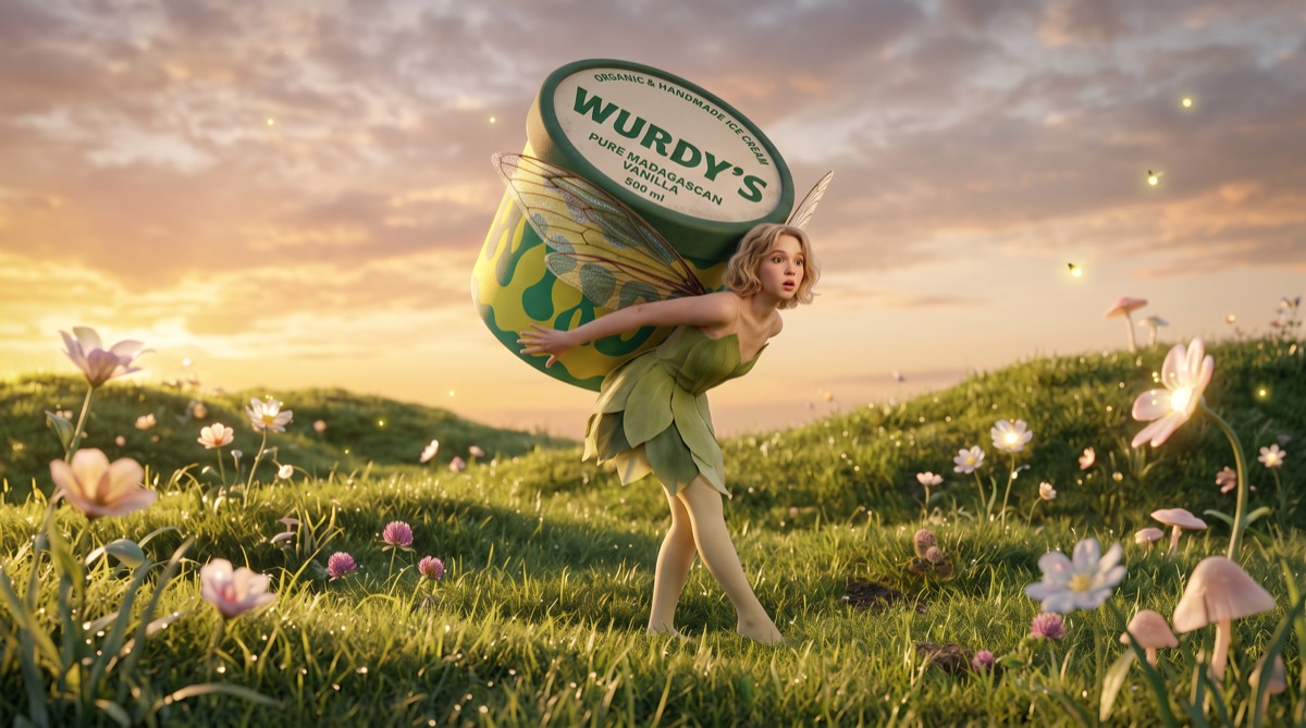 Wurdy's concept: a fairy carries a giant tub across a meadow at sunset.