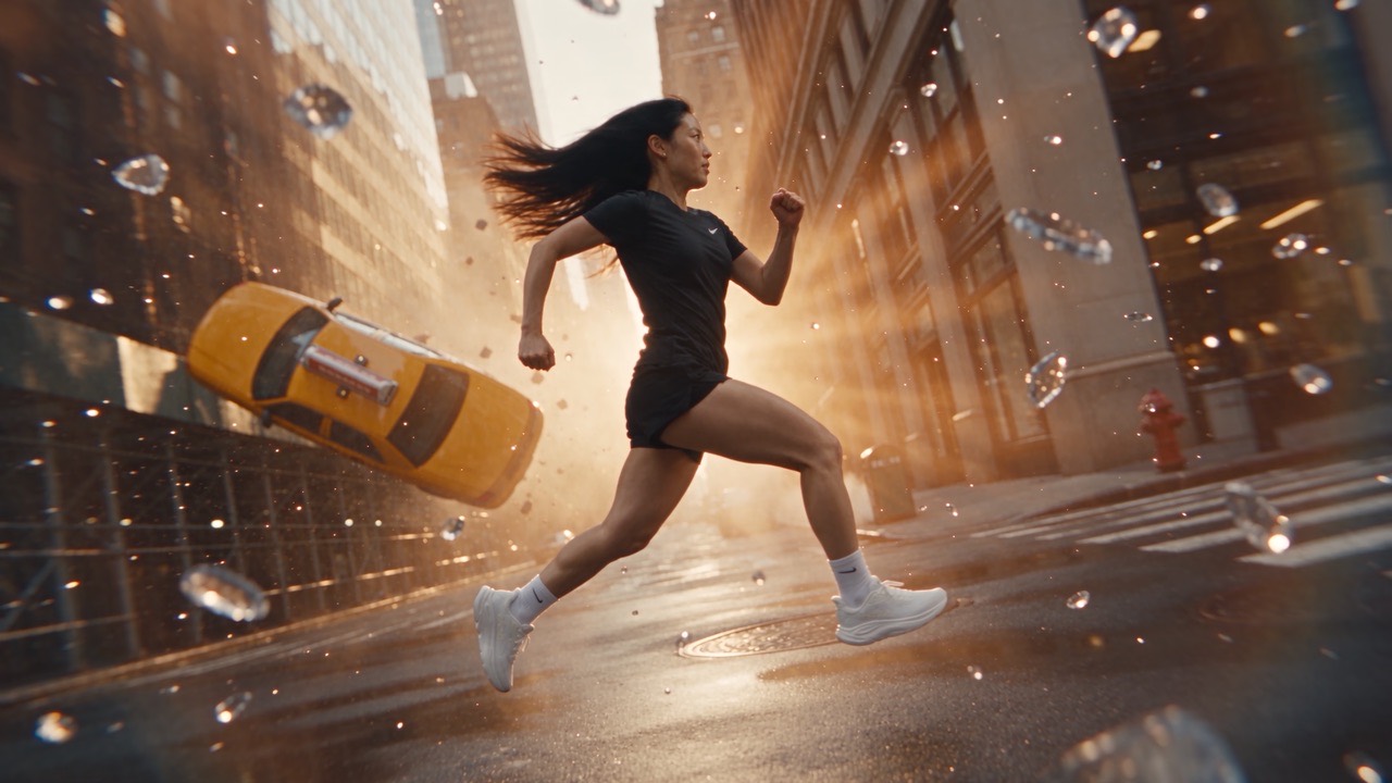 HOKA film: the runner sprints down a city street as a taxi flips behind her.